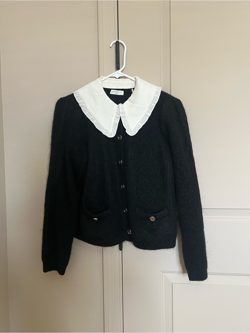 Sandro Black Knit Cardigan with White Peter Pan Collar